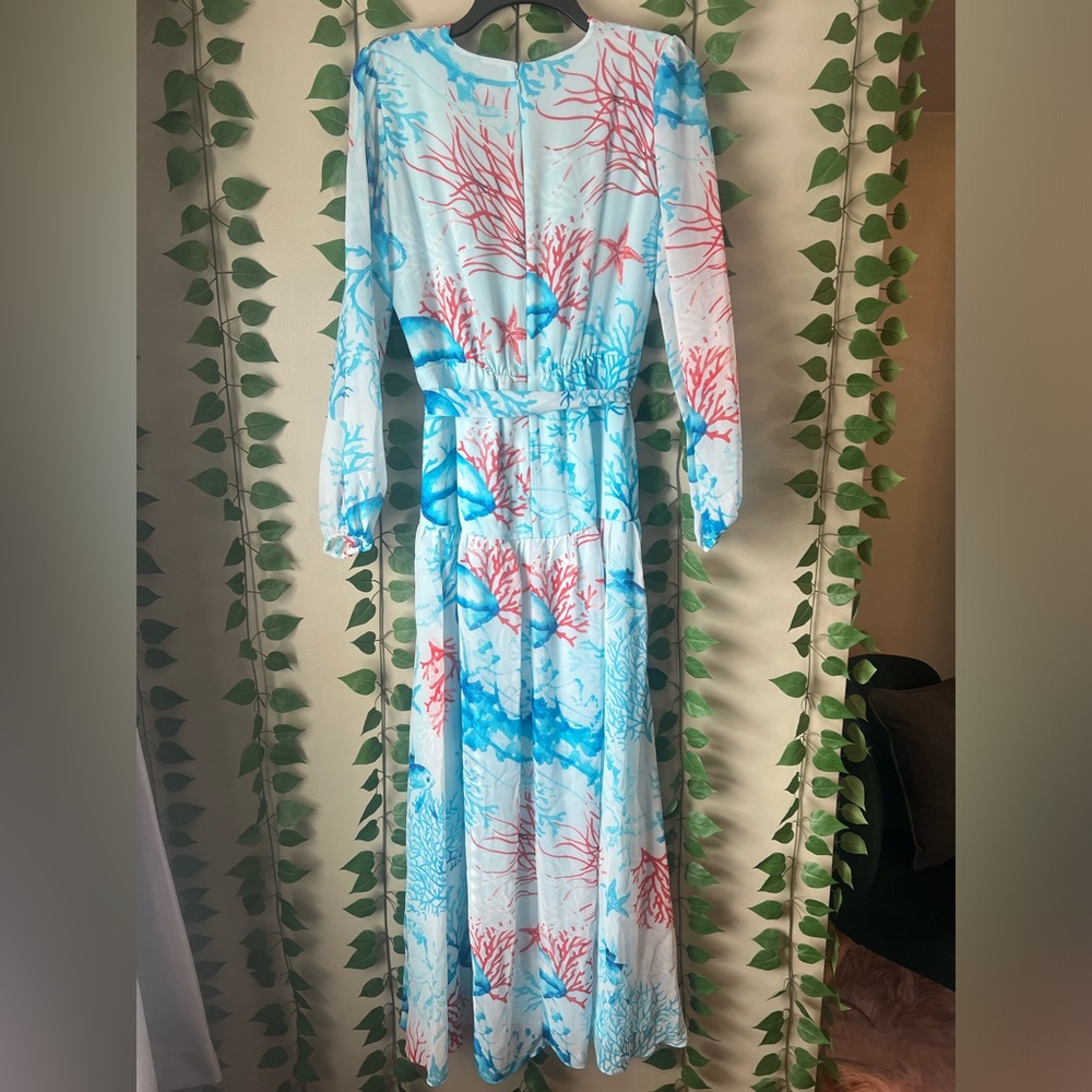 White House Black Market Coral Stripe Scuba Blue Dramatic Maxi Dress NWT - Picture 3 of 8